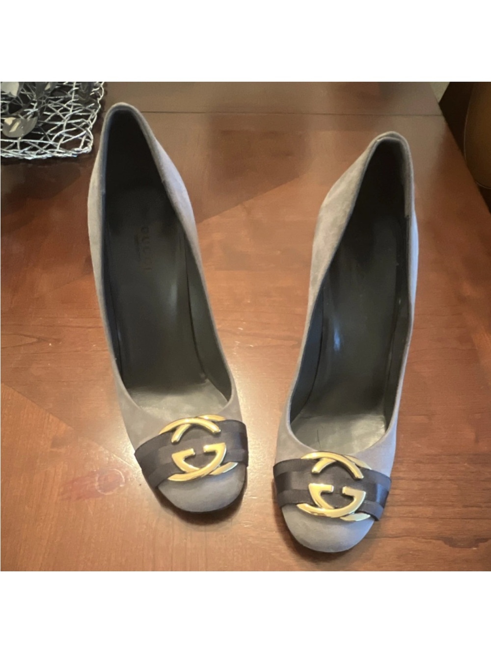 Gucci Gray Suede Peep-Toe Heels with Gold Logo